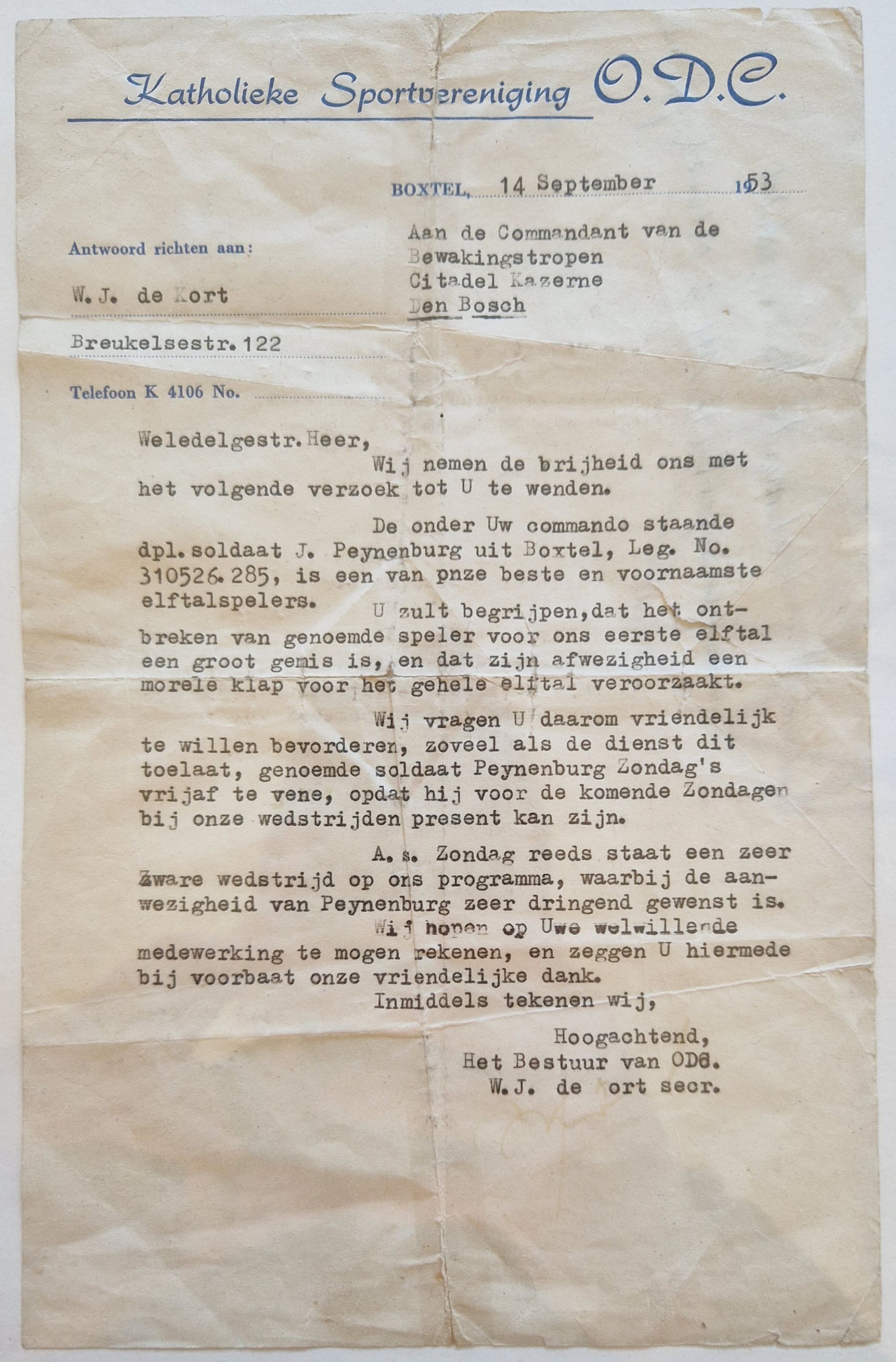 1953 Vrijbrief leger Peynenburg